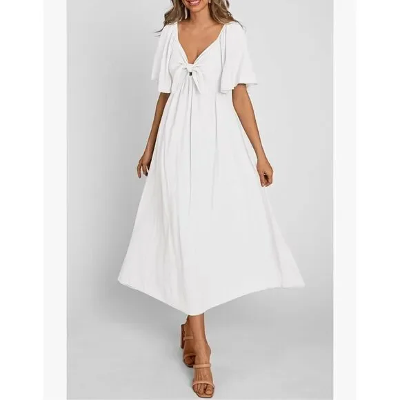 NEW Short Sleeve Bow Tie V Neck Ruffle Midi Flowy Dress L - Picture 6 of 7